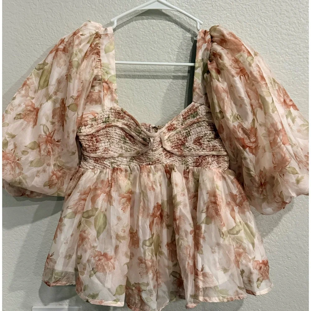 Sofie the Label Floral Organza Puff Sleeve Peplum Top Pink Green Medium Smocked